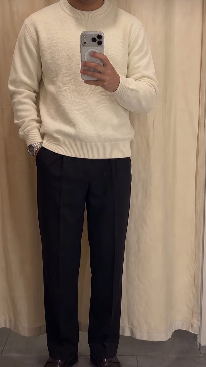 Cream mohair knit, black pleated trousers