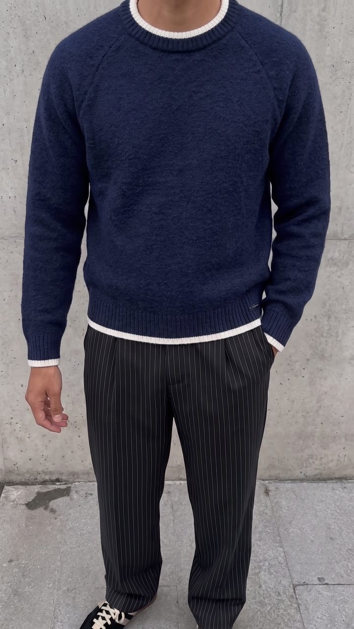 Navy mohair knit, pinstripe pleats