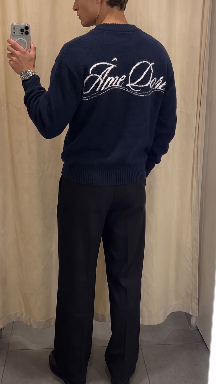 Navy mohair crew, black pleated trousers
